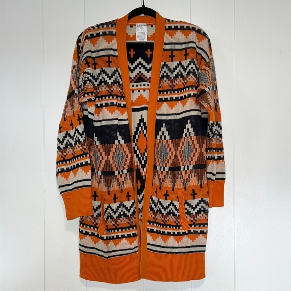 Serra Orange Black Cream Open Front Aztec Pattern Long Cardigan 072726